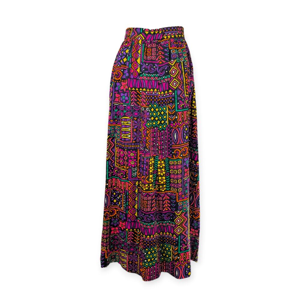 60s 70s Barkcloth Wood Block Print Maxi Skirt ~ neon small groovy